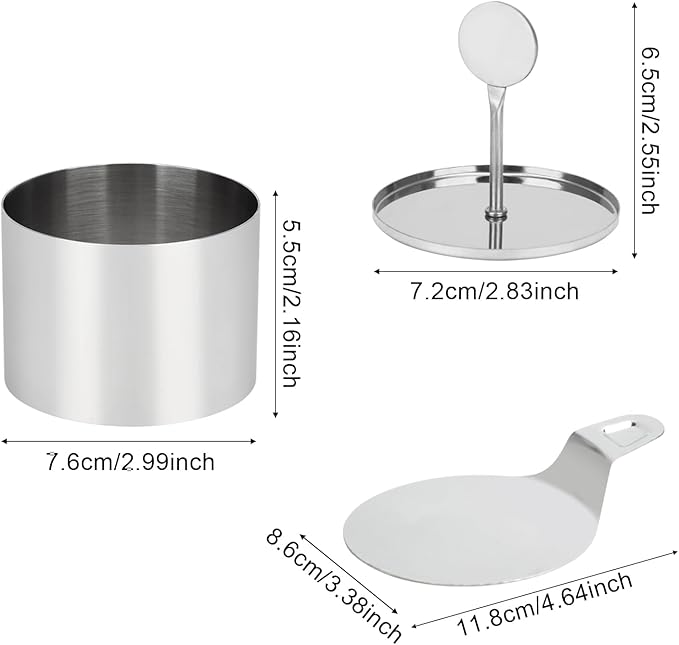 6 Pack Cake Ring Molds with 1 Pusher 1 Lifter, 3 Inch Seamless Mini Cheese Cake Cutter Ring Set, Stainless Steel Mini Food Mold for Mousse, Food Plating, Cookies, Baking (Round)