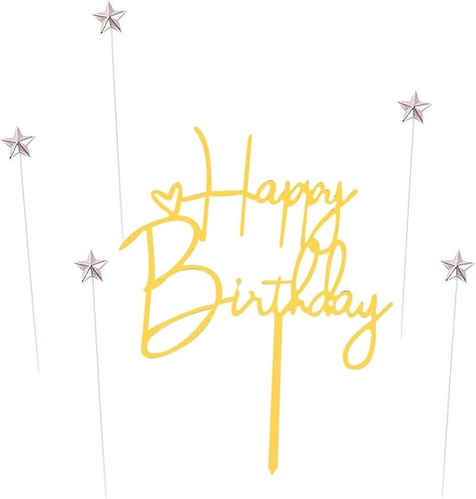 Happy Birthday Cake Topper Birthday Cake Decoration Party Cake Supplies (Silver stars golden cake topper)