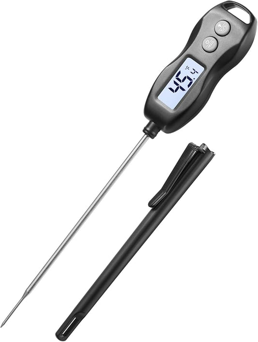 Meat Thermometer Digital Instant Read, Waterproof for Cooking & BBQ (Black) | Backlit food thermometer with 5.3” probe for steak, turkey, oil, candy, liquids, sourdough & baking
