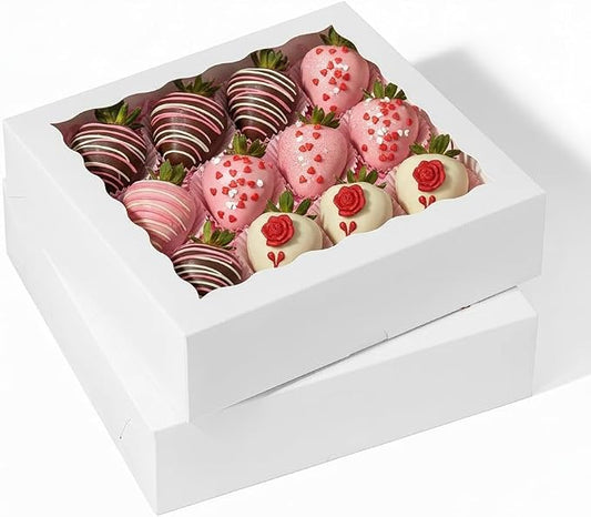 50Pack 9X9X2.5 Inches White Bakery Boxes,Pie Boxes with Clear Window Treat Boxes for Chocolate Strawberries, Pastries, Muffins, Donuts,Cookie,Breakable Heart
