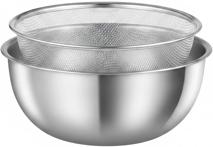 Stainless Steel Mixing Bowl Set with Nested Strainer for Washing, Draining, and Food Prep