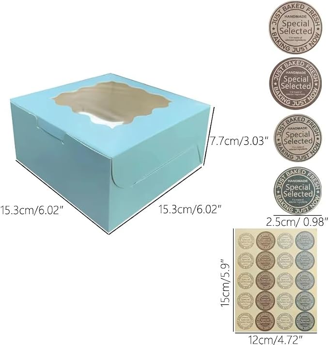 Generic 30Pcs (6x6x3 in) Mini Cake Boxes+2 stickers with Display Window for Gift Giving, Bakesale, Cupcakes, Dessert, Cookies, Pie, Macaroons, Donuts, Pastry, Kraft Paper Material… (30Pcs blue)
