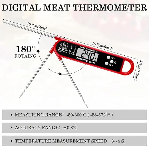 Meat Thermometer Digital for Grilling and Cooking - Waterproof Ultra-Fast Instant Read Food thermometers with Backlight & Calibration for Kitchen, Deep Fry, BBQ, Grill LCD(Red)
