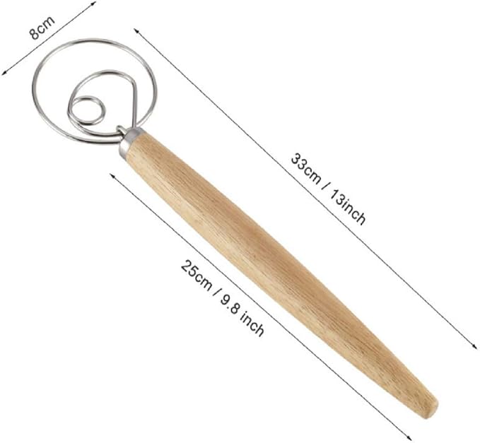 Danish Dough Whisk Bread Making Tools Stainless Steel Danish Dough Hook Bread Dough Mixer Hand Bread Dough Whisk for Pastry, Baking Cake, Dessert, Sourdough, Pizza, with Wooden Handle, 13 inch