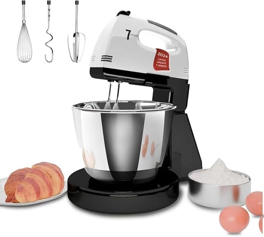 Stand Mixers, 7 Speeds With 3QT Stainless Steel Bowl, Stand and Hand Mixer with Dough Hook, Whisk, Mixing Beater for Baking, Cake, Cookie, Kneading (Stainless)