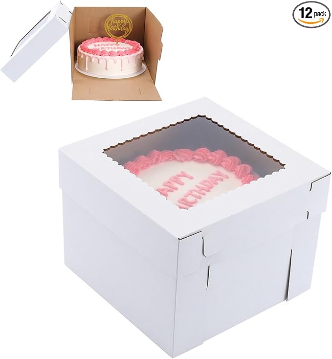 Tall Cake Boxes for Tier Cakes,12x12x8 Inch [12Pack ] Thick Sturdy Bakery Box with Window,White Cake Carrier, Disposable Cake Containers,Birthday Cake Boxes