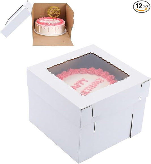 Tall Cake Boxes for Tier Cakes,10x10x8 Inch [12Pack ] Thick Sturdy Bakery Box with Window,White Cake Carrier, Disposable Cake Containers,Birthday Cake Boxes
