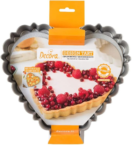 Decora 0075056 Nonstick Steel Fluted Heart Tart Pan 9.8 Inch x 9.1 Inch x 1.2 Inch High with Loose Removable Bottom, for Easy Demolding, Professional Design Registered, Patented
