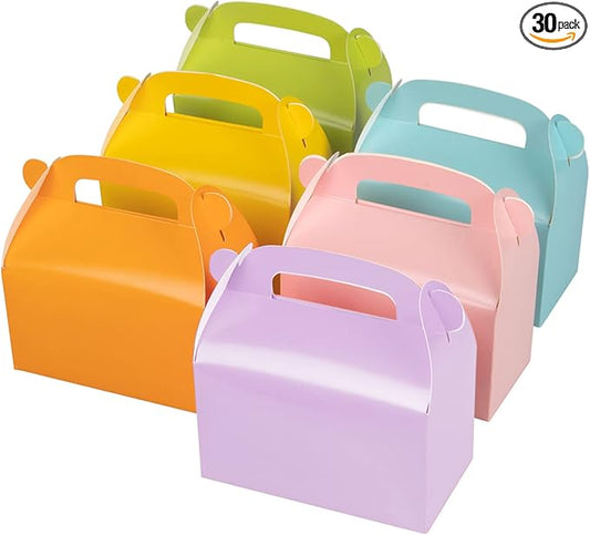 30-Pack Colorful Party Favor Treat Boxes Goodie Gable Paper Box | Gift Boxes with Handles. Perfect for Rainbow Party Decoration Supplies