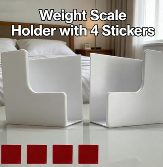 Weight Scale Holder for Wall – Adjustable Storage Bracket for Body Fat & Digital Scales, Universal Fit for Home Gym, Bathroom, Kitchen with 4Pcs Stickers（White）