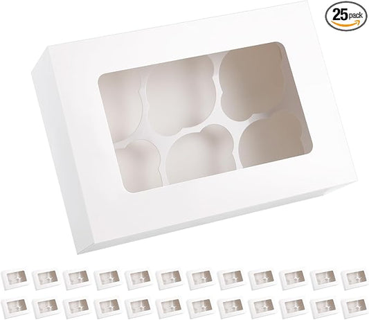 25 Cupcake Boxes, White Cupcake Boxes 6 Count with Window and Inserts, Cupcake Holders for Cupcakes, Muffins, Cookies, Pastries