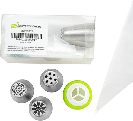 Restaurantware Pastry Tek Russian Piping Tips Set 17 Piece Durable Cake Decorating Kit - 6 Piping Tips 10 Piping Bags Stainless Steel Piping Bags And Tips Set 1 Tri-Color Coupler