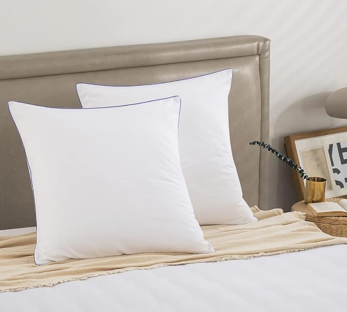 DAUAOTO Euro Shams 26"x26" Square Pillow Cushion Cover 2 Pieces Set Microfiber (White with Decorative Navy Piping)