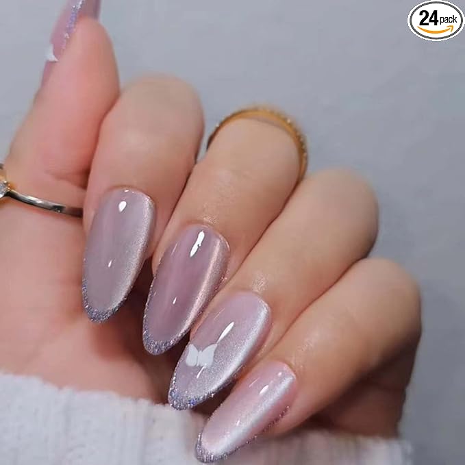 30Pcs Press on Nails Short Almond ZWENJIE Cat Eye Fake Nails Press ons Nail Tips Stick on Nails Glitter Tip Acrylic Nails Kit French False Nails with Sea Blue Design Nail Art for Women Manicure