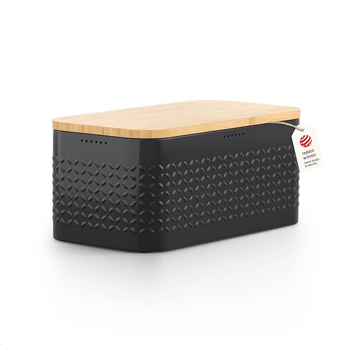 LARS NYSØM Bread Box I Metal bread box for long lasting freshness with non-slip pads I Baked goods Bin with bamboo lid usable as cutting board I 13.6x7.3x6.2in (Carbon Black)