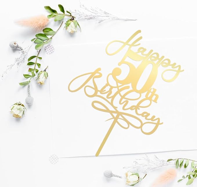 Happy 50th Birthday Cake Topper,Mirrored Gold Acrylic Durable Cake Topper，Hello 50, Cheers to 50 Years/50th Anniversary,50th Birthday Party Cake Decorations，Birthday Party Decorations