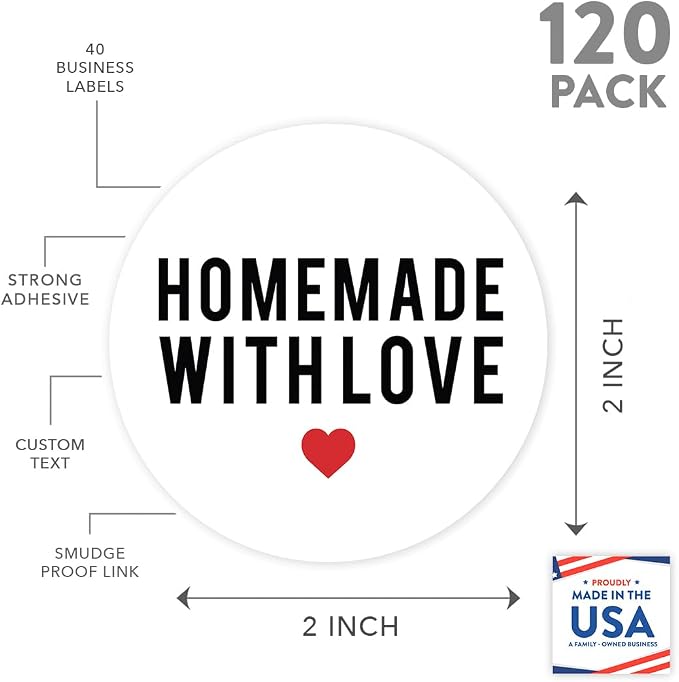 Andaz Press Round Small Business Sticker Labels, 120-Pack, Homemade with Love, Red Heart, Handmade Stickers for Packaging, Product Labels for Small Business, Business Thank You Stickers