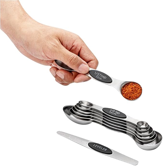 Restaurantware Met Lux 8-piece Measuring Spoon Set 1 Premium Magnetic Measuring Spoon Set - Dual-Sided With Leveler Black Stainless steel Spoon Set With U.S. And Metric Units Dishwashable