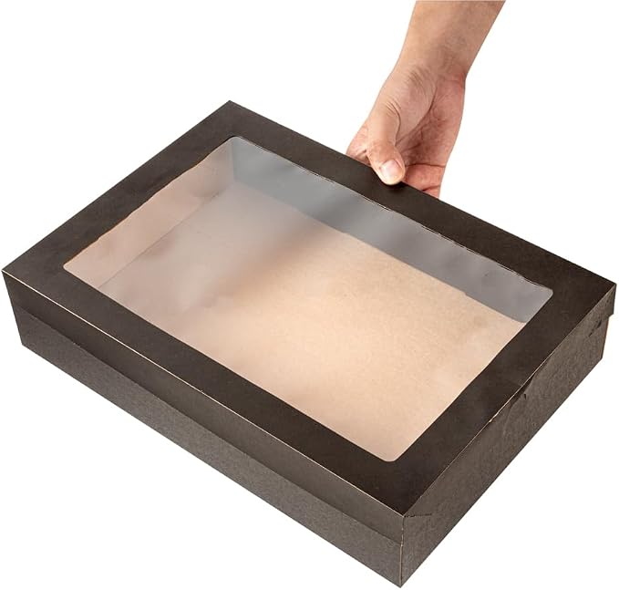 Restaurantware Cater Tek 14.3 x 10 x 3.2 Inch Baked Goods Boxes 100 Greaseproof Pastry Boxes - Window Lids Insert Tab Lock Black Paper Catering Boxes Easy Assembly For Charcuterie Or Cupcakes