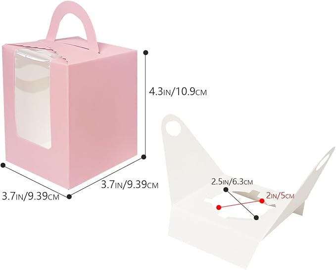Bakepacker Individual Cupcake Boxes with Window 100 Count Pink Single Cupcakes Box 3.6"X3.6"X4.3" Cupcake Carrier