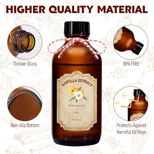 8 Pack 4 Ounce Amber Glass Bottle with Lids Vanilla Extract Homemade Brown Bottle 4 oz and 8 Pcs Vanilla Extract Stickers for Syrup Gift Glass Food Storage Canister Set Sauce Beans