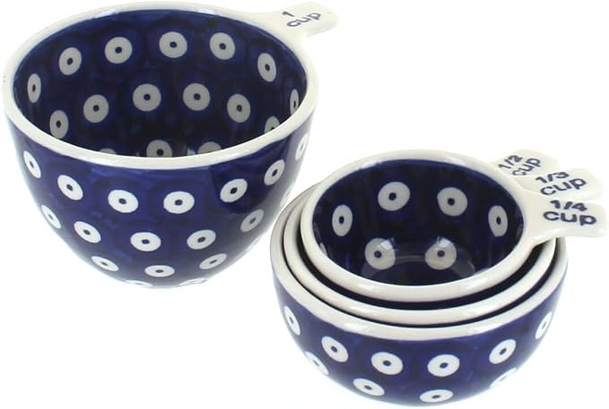 "Blue Rose Polish Pottery - Red Daisy Measuring Cup Set - 1 Set - Ceramic Nesting Measuring Bowls for Baking, Cooking & Kitchen Prep"