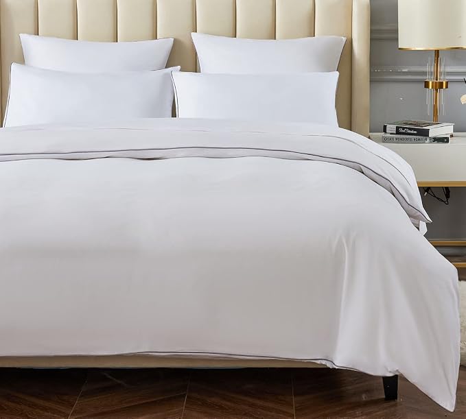 DAUAOTO Full/Queen Bedding Set Microfiber - 1 Duvet Cover + 2 Pillow Shams, White with Decorative Grey Piping