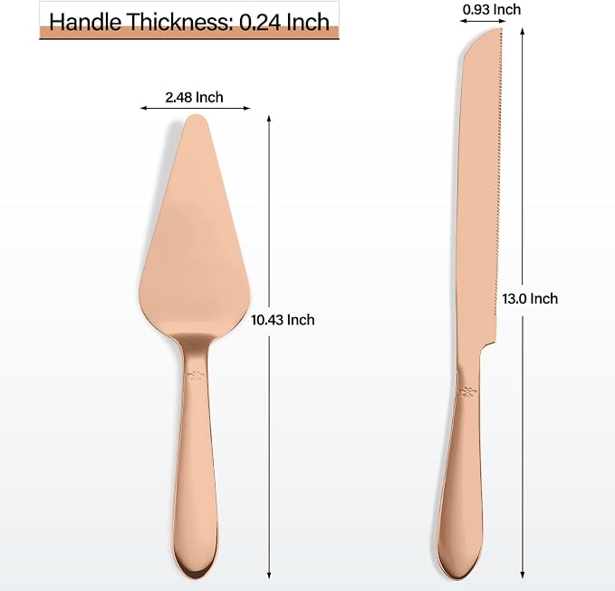 Wedding Cake Knife and Server Set, Integral Stainless Steel Longer Cake Cutter and Wider Pie Spatula, Elegant Cake Cutting Serving Set for Party Birthday Bridal Shower Set of 2, Rose Gold