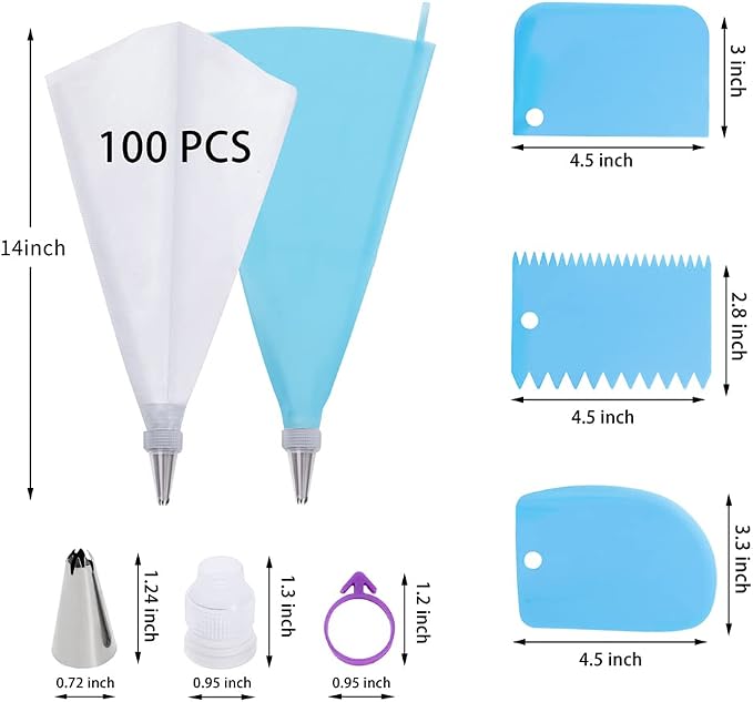 Piping Bags and Tips Set, 100Pcs 12 Inch Pastry Bags, Icing Bags Disposable for Cakes Decorating Kit Supplies with 1 Reusable Piping Bags, 1 Couplers, 12 Frosting Tips, 2 Bag Ties, 3 Cake Scraper