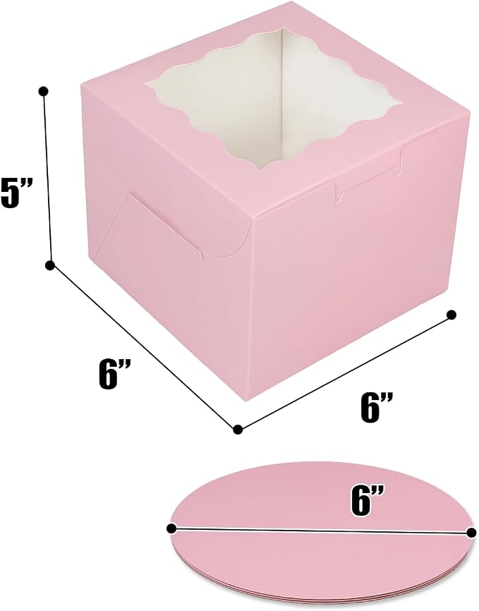 Bakepacker 36pcs 6x6x5 Inches Cake Boxes with Window 18-Packs Pink 6 Inch Bakery Boxes (18 Cake Boxes +18 Cake Boards Included)