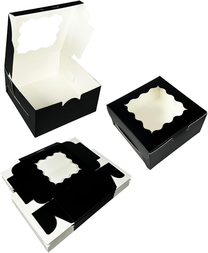 Bakepacker 60pcs Black Cookie Boxes 6x6x3 inches Easy Assemble Macaroon Pastry Boxes Bakery Boxes with Window for Bakery