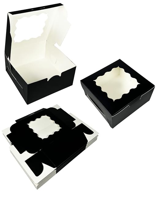 Bakepacker 100pcs Black Cookie Boxes 6x6x3 inches Easy Assemble Macaroon Pastry Boxes Bakery Boxes with Window for Bakery