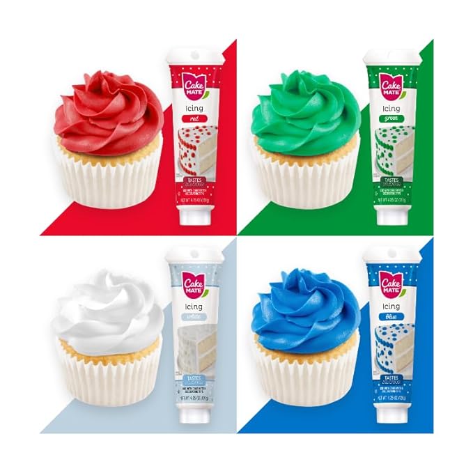Cake Mate Dot Cake Decorating Icing Bundle for 4th of July – Red, White, Blue & Green Decorating Icing, Cake, Cookie, Cupcake & Dessert Decorating, 4 Count (4.25 oz Tubes)