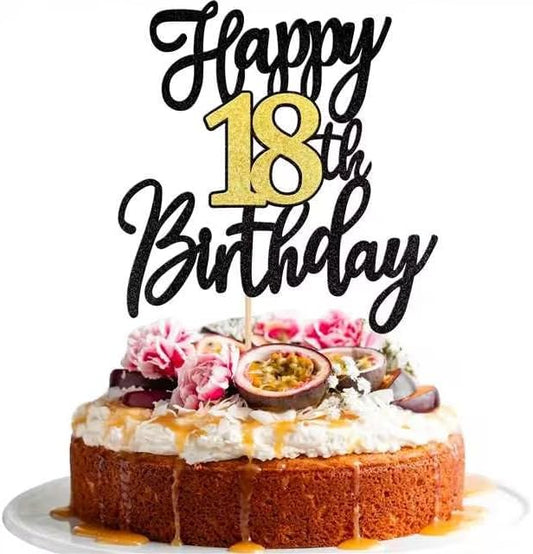 1 PCS Happy 18th Birthday Cake Topper Black Gold Glitter Cheers to 18 Years Birthday Cake Pick 18 Fabulous Cake Decoration for Happy 18th Birthday Anniversary Party Cake Decorations Supplies