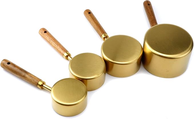 4 Piece Stainless Steel Measuring Cups with Wooden Handle, Measuring Cup Sets for Measuring Dry and Liquid Ingredients (4 Sizes - Gold)