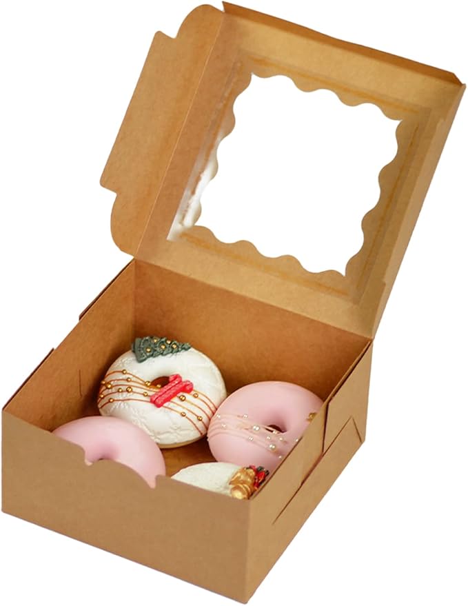 Bakepacker 60pcs Kraft Cookie Boxes 6x6x3 inches Easy Assemble Macaroon Pastry Boxes Bakery Boxes with Window for Bakery
