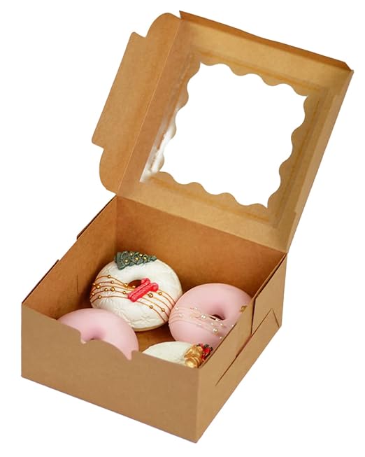 Bakepacker 100pcs Brown Cookie Boxes 6x6x3 inches Easy Assemble Macaroon Pastry Boxes Bakery Boxes with Window for Bakery