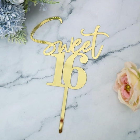 Sweet 16 Cake Toppers Mirror acrylic gold | Happy Sweet Sixteen Birthday Party Cake Decor for Cheers to 16 Years Anniversary Party Decorations Supplies