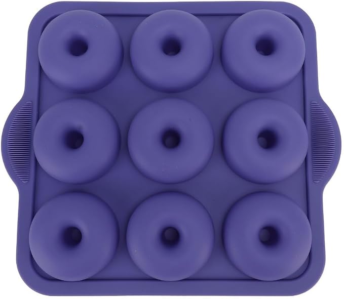 Limen Silicone Donut Baking Mould Tray, 9-Cavity Non-Stick Ring Cake Pan with Center Posts and Dual Side Handles for Oven Baking 11.5x10.12 in(Blue)