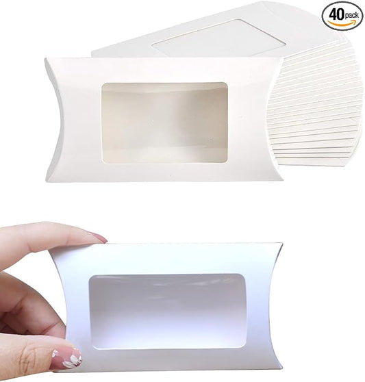 Wzttdm 40pcs White Paper Mini Pillow Packaging Box with Clear Window, Box Treat Gift Packaging Box for Bakery Candy Chocolate Jewelry Display Wedding Party Favor (kraft, 5 x 3 x 0.8 inches)