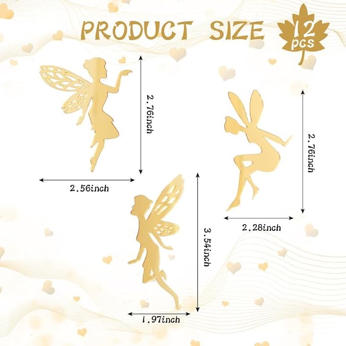 12PCS Gold Fairy Cupcake Toppers Acrylic Fairy Cake Decor for Party Decor | Mirror Design Birthday Party Supplies DIY Gifts Flower Bouquet Pastries Desserts Decor