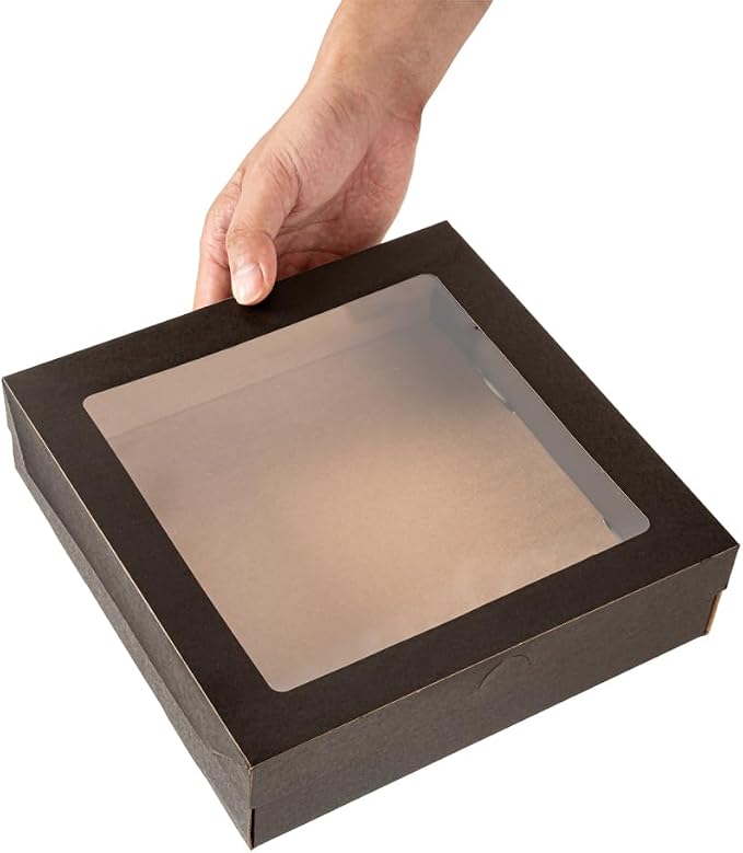 Restaurantware Cater Tek 9 x 9 x 2.4 Inch Baked Goods Boxes 100 Greaseproof Pastry Boxes - Window Lids Insert Tab Lock Black Paper Catering Boxes Easy Assembly For Charcuterie Or Cupcakes