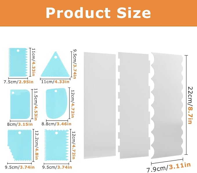 3Pcs Stainless Steel Cake Scraper & 6Pcs Plastic Pattern Scraper,8.7 Inch Double Sided Patterned Edge Stripe Edge Smoother Scraper,Cake Comb for Butter Mousse Cream Decoration