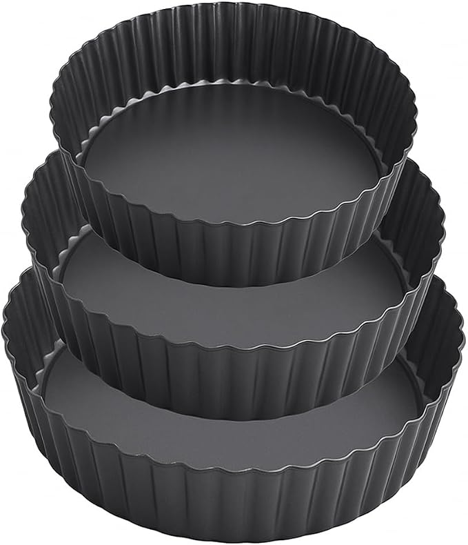 Set of 3 Deep Dish Pie Pan with Removable Bottom - Fluted Carbon Steel Tart Pan for Quiche Lorraine & Pies - Crispy Crust Baking Dish for Home Bakers - 7.87, 9.44 and 11 inches
