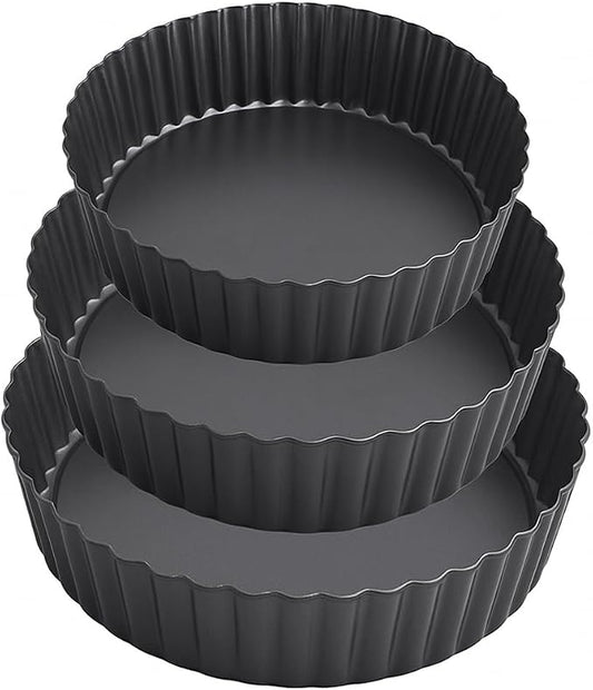 Set of 3 Deep Dish Pie Pan with Removable Bottom - Fluted Carbon Steel Tart Pan for Quiche Lorraine & Pies - Crispy Crust Baking Dish for Home Bakers - 7.87, 9.44 and 11 inches
