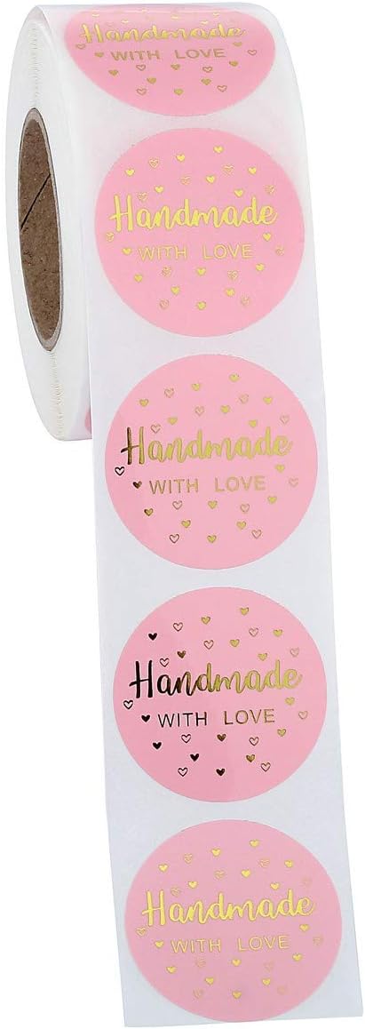 Yoption 1.5 Inch Round Handmade with Love Stickers Pink for Packaging, Cookie Bags, Small Shop Local Handmade, 500 Labels per Roll