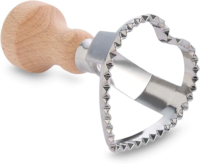 Fante’s Ravioli Maker Stamp With Wooden Handle, Fluted Heart Shape, For Homemade Pasta, Cookies, Everyday Meals, And Holidays, 2.5-Inch