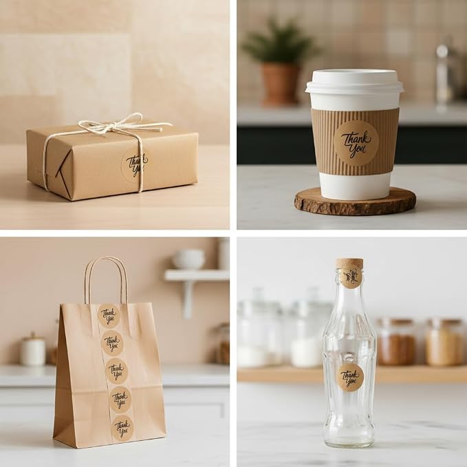 500pcs Thank You Stickers Roll – 1.5" Round Kraft Paper Labels with Black Script – Self-Adhesive Stickers for Small Business Packaging, Paper Bags, Gift Boxes Envelopes