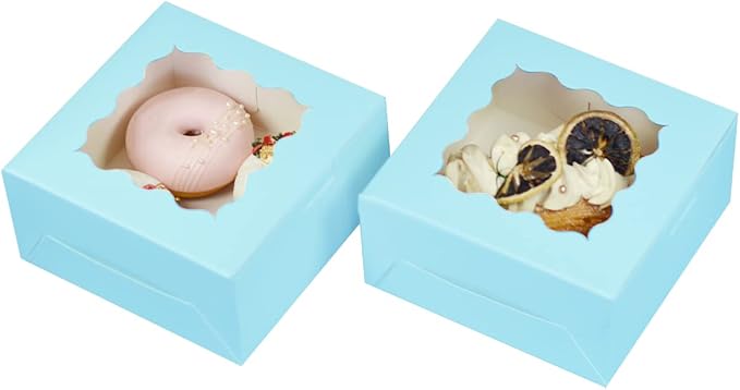 Bakepacker 60pcs Light Blue Cookie Boxes 6x6x3 inches Easy Assemble Macaroon Pastry Boxes Bakery Boxes with Window for Bakery