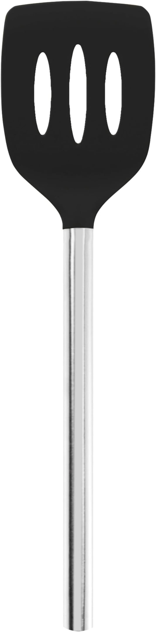 Tovolo Slotted Silicone Spatula Turner Slotted Stainless Steel Handle 10" Black Heat Resistant Non Toxic BPA Free Kitchen Utensil, Scratch Resistant Silicone Pancake Flipper Turner for Cooking